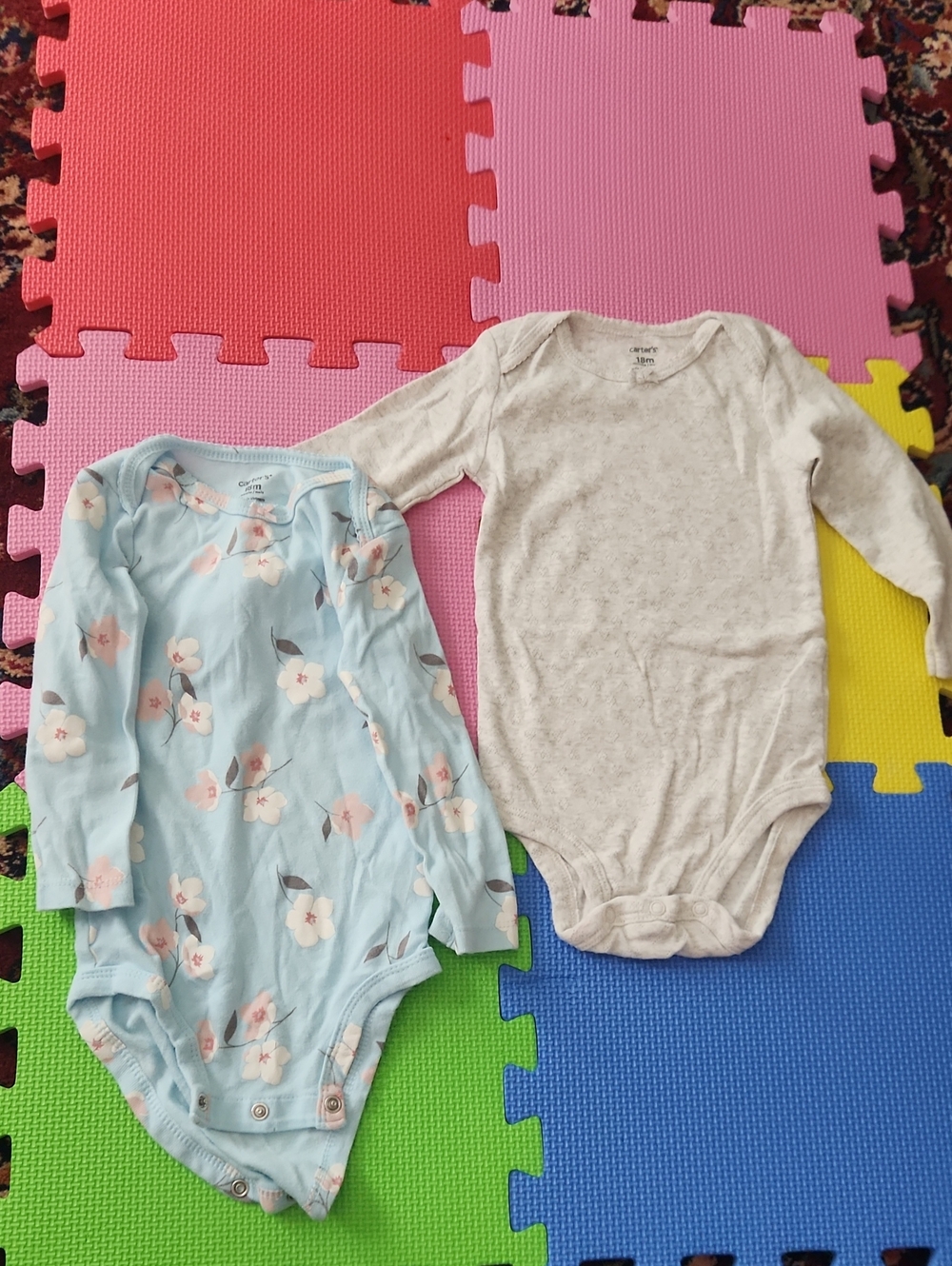 Carter's Floral Light Blue & Heather Gray Long-Sleeve One-Pieces